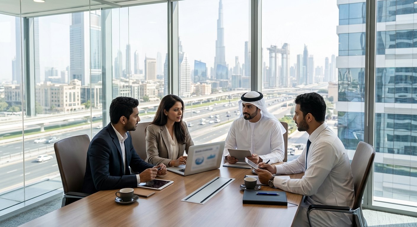 Business executives and a UAE corporate consultant discussing PRO operations in a modern Dubai office with city views.