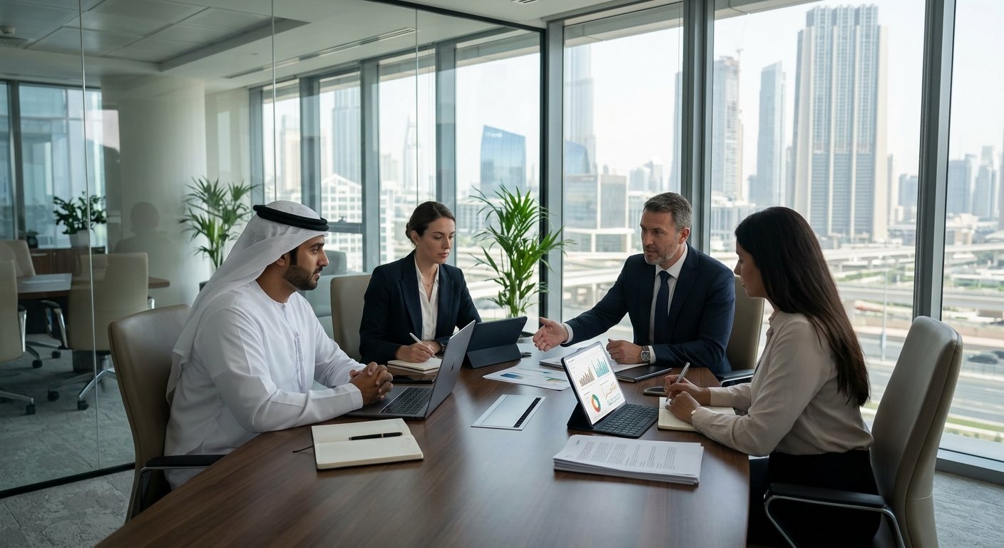 Professional corporate advisors and executives conducting a UAE transfer pricing and business compliance meeting in a modern Dubai high rise conference room overlooking the city skyline